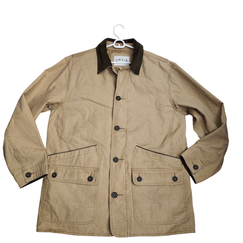 Orvis Mens Khaki Canvas Barn Coat Quilted Lining Corduroy Collar Large Hunting